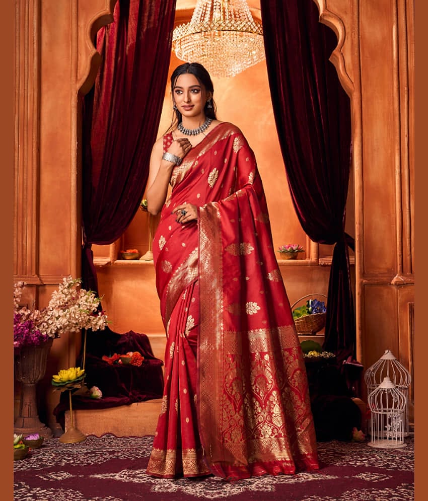 Aadvika Banarasi Silk Printed Saree With Unstitched Blouse Piece ( Red )