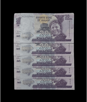 SUPER ANTIQUES GALLERY - MALAWI 20 KWACHA 5 NOTE SET 5 Paper currency & Bank notes