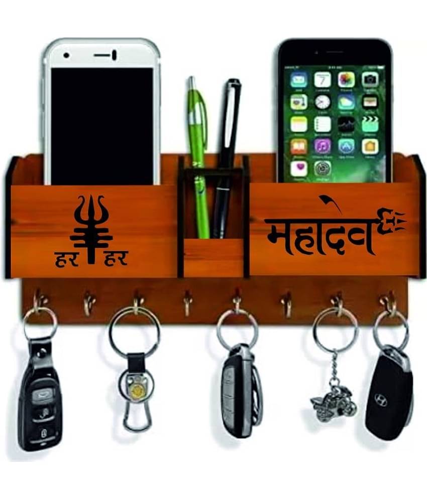 Big Boss Enterprises with Har Har Mahadev 2 Pocket Mobile Holder, Pen Stand Wood Key Holder Stand (8 Hooks, Brown)
