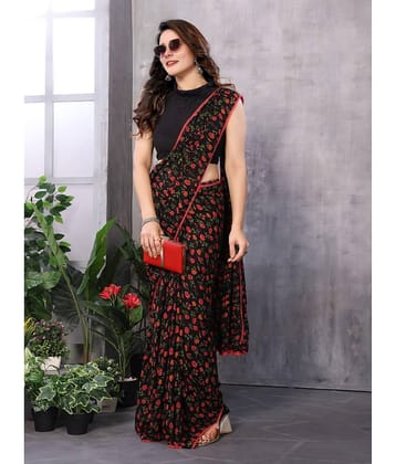 BLEESBURY Georgette Printed Saree With Unstitched Blouse Piece ( Black )