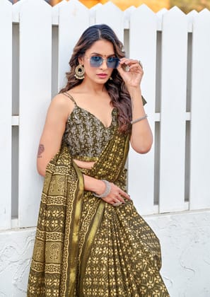 Beautifu Zari Border Bagru Ikat Hand Print Cotton mulmul sarees with blouse Piece-Gold