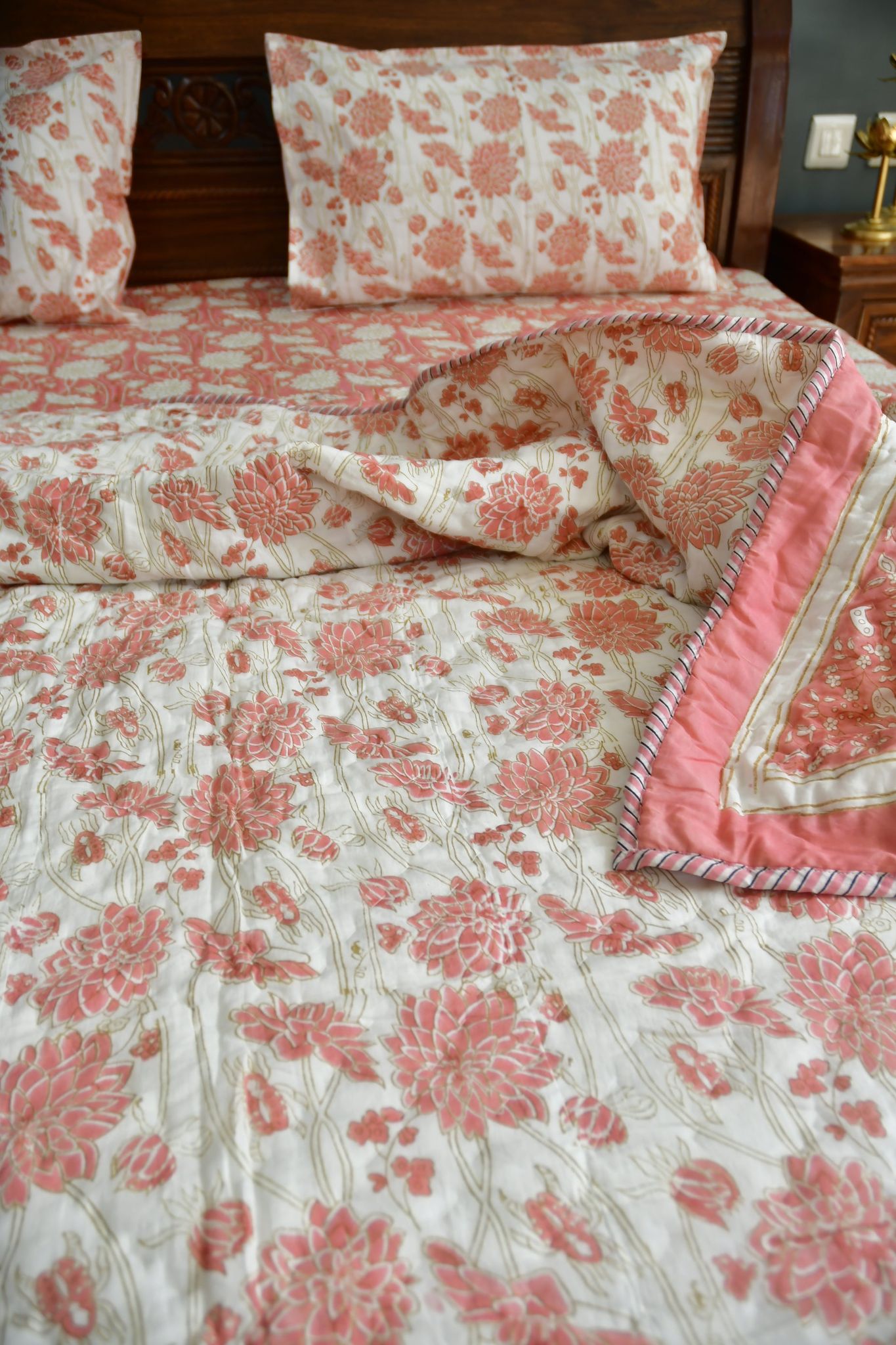 Pink Floral Bedding Set, Hand Block Print, Premium Cotton Single dohar (pair)+king size Bedsheet
