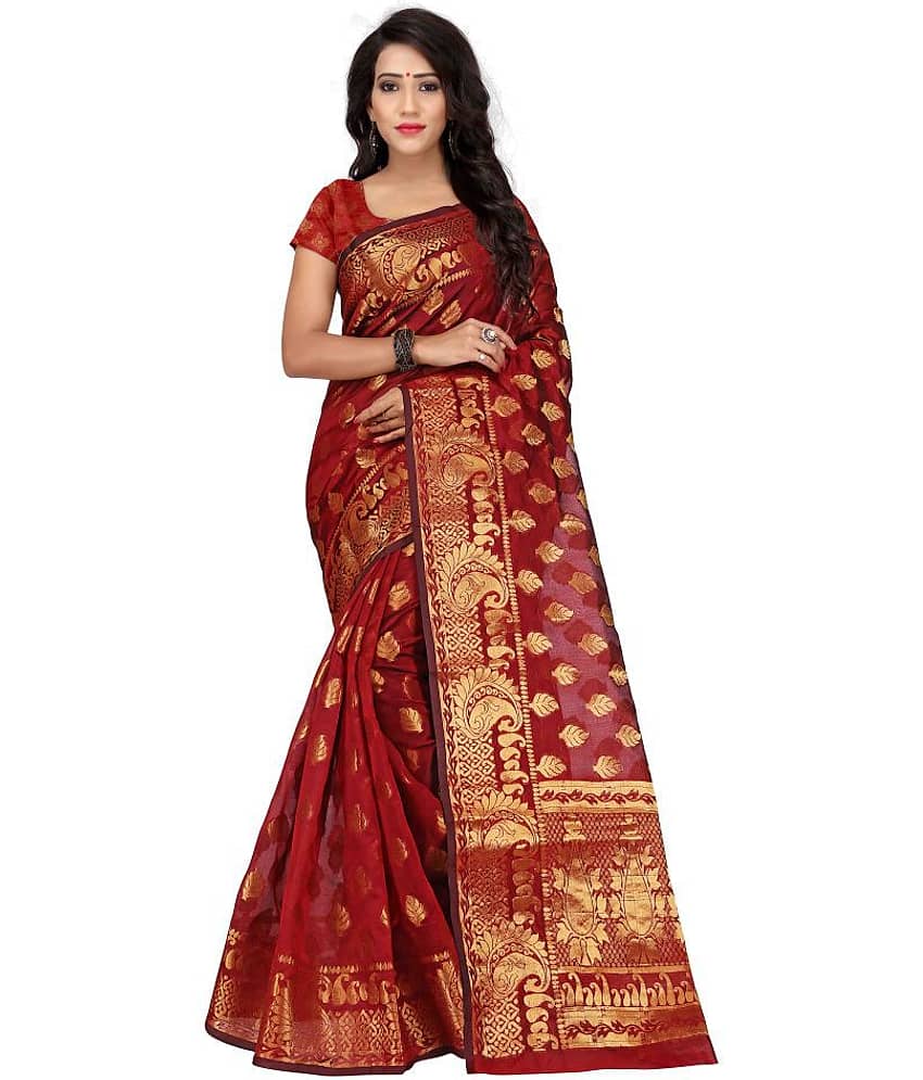 Gazal Fashions Banarasi Silk Printed Saree With Unstitched Blouse Piece ( Red )