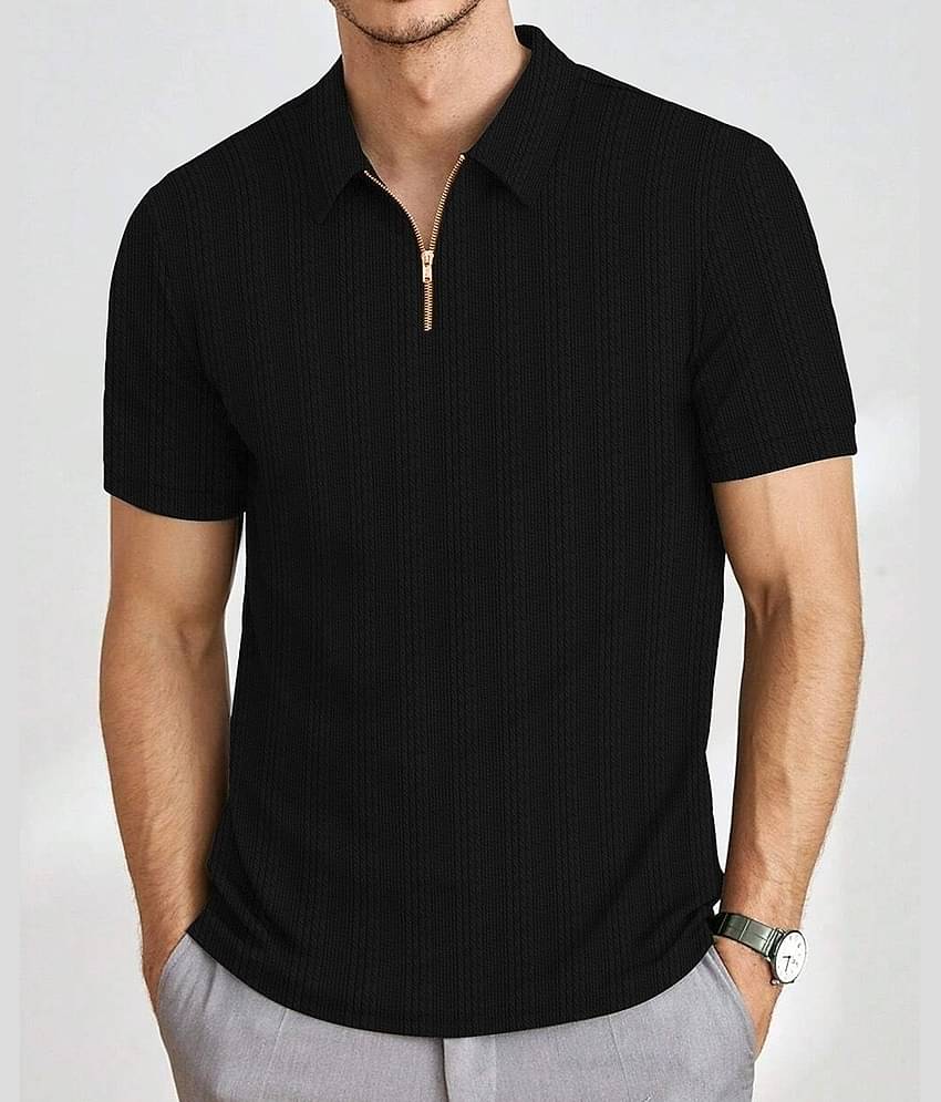 KAJARU Men Polyester Regular Fit Striped Polo T Shirt ( Black )