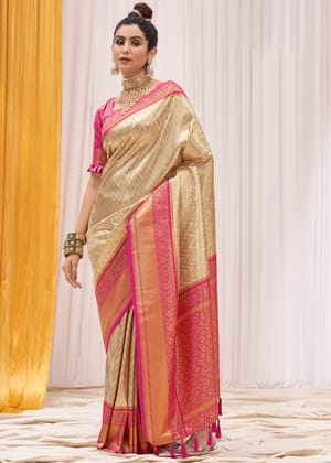 Beige And Pink Woven Kanjivaram Silk Saree