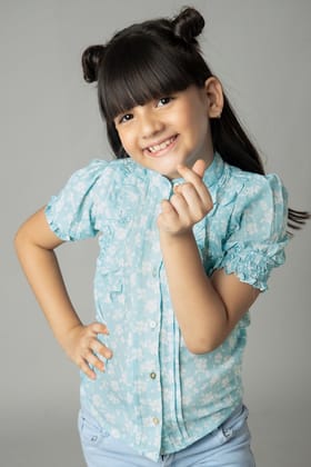 Adorable Floral Ruffled Shirt For Girls-1 Year / Arctic Blue / KSH008-DPMG027-EL01-1.6 MTR-THB05-FS001-NIL-BT002-6-NIL