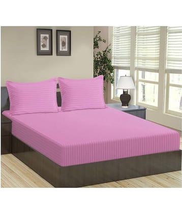 Home Candy Microfiber Vertical Striped Double Fitted Bedsheet with 2 Pillow Covers- Pink