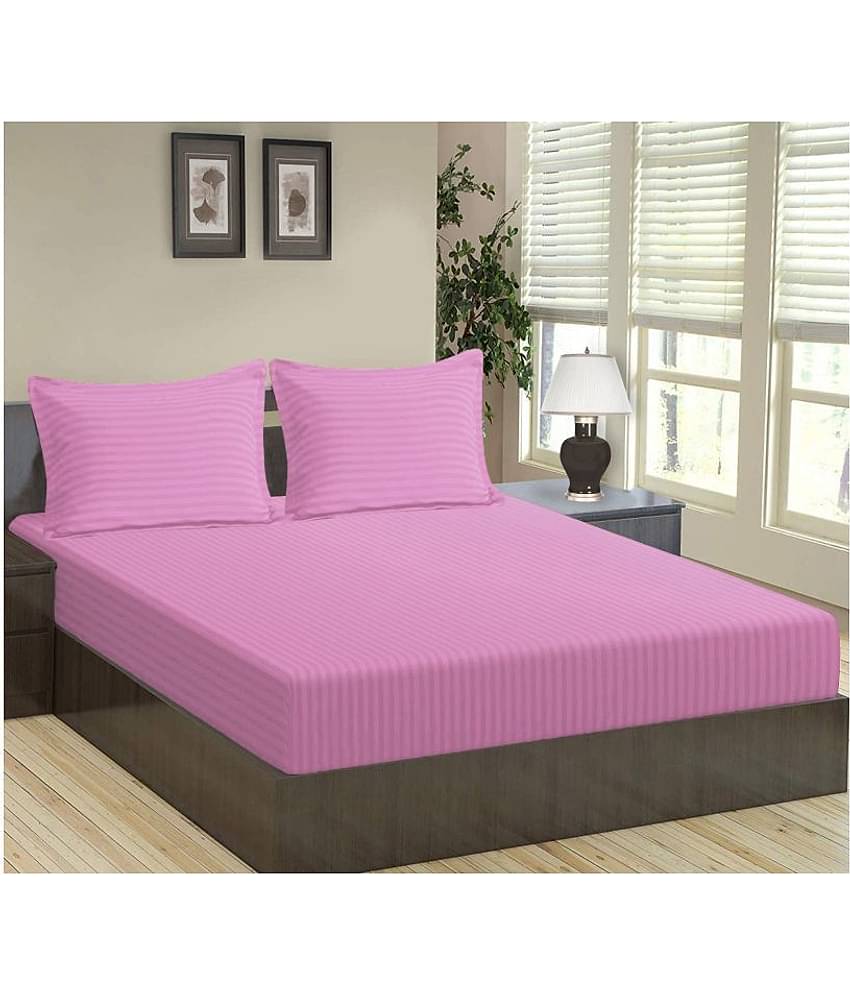 Home Candy Microfiber Vertical Striped Double Fitted Bedsheet with 2 Pillow Covers- Pink