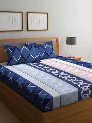 Blue & White Geometric 300 TC King Bedsheet with 2 Pillow Covers