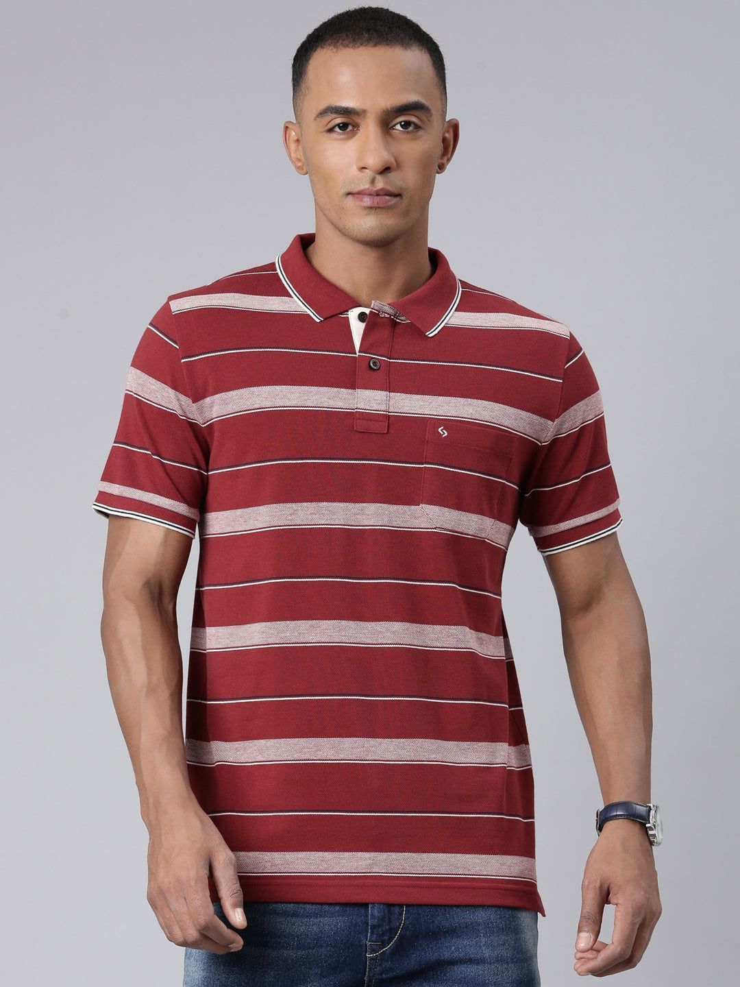 Classic Polo Mens Striped Maroon Polo Neck Slim Fit T-Shirt | ADORE - 218 B SF P