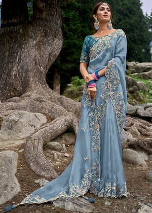 Heritage Blue Designer Embroidered Silk Saree