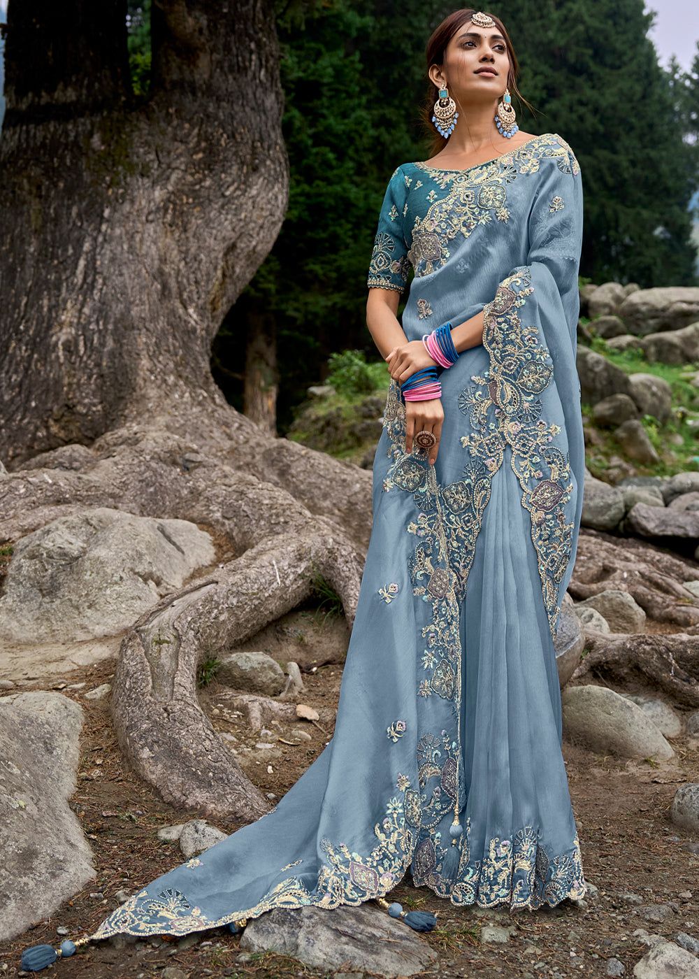 Heritage Blue Designer Embroidered Silk Saree