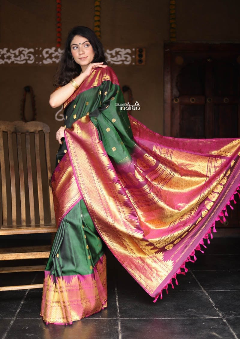 Utsaav ~ Gadwal Pure Silk Traditional Handloom Saree - Dark Green with Purple Border, Authentic Pure Silk