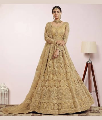 Aika Women Net Flared Semi Stitched Ethnic Gown With Dupatta ( Beige )