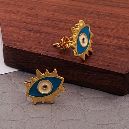 Oval Evil Eye Eyelash Blue Gold Copper Enamel Stud Earring Pair For Women-Light Blue