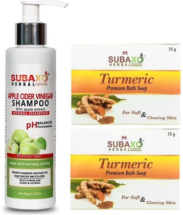 Apple Cider Vinegar Herbal Shampoo | Prevent Dandruff | Lustrous 200 Ml & Haldi /Turmeric Soap 2 Pc Each 75 G
