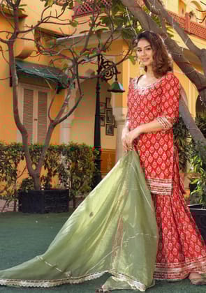 Red Cotton Dabu Printed Kurta Sharara Set with Kota Doria Dupatta-XS