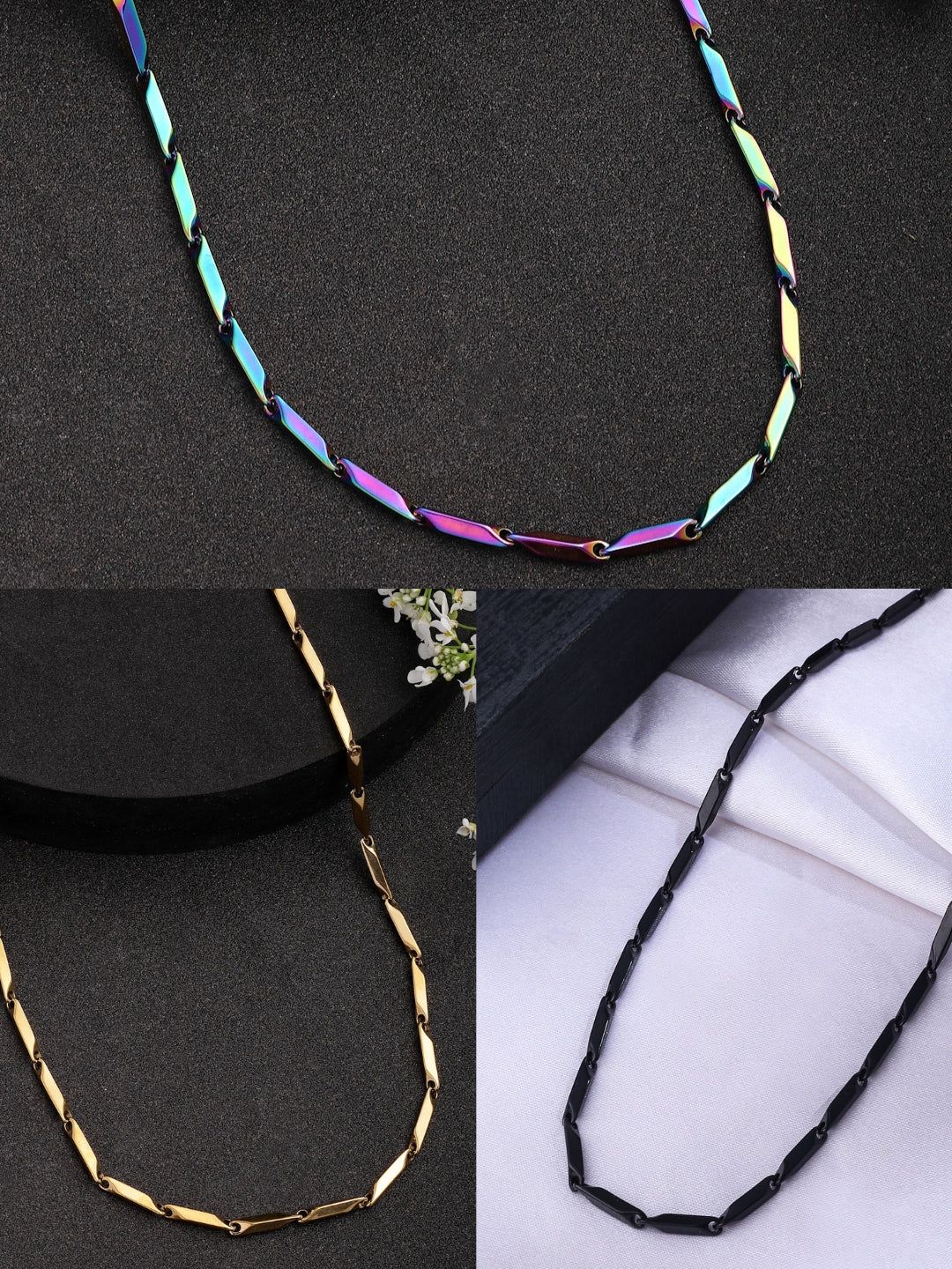 NVR Men Set of 3 Stainless Steel Stylish Chain-One Size / Multi, Gold, Black / Stainless Steel