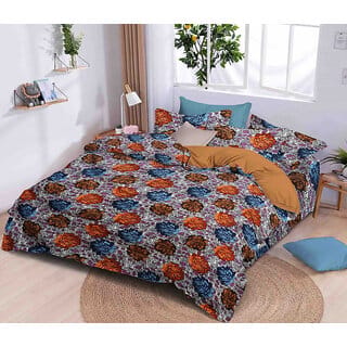 Black Bee  Orange  Blue Flowers Print Double Bedsheet With 2 Pillow Covers (208 X 213 Cm)(Bs4-04)
