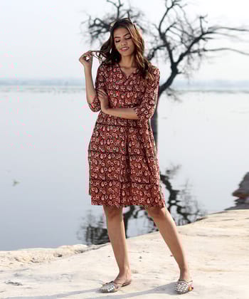Maroon handblock printed cotton dress