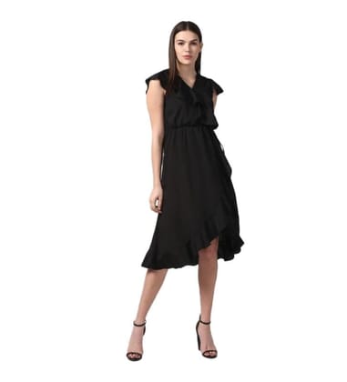 Women's Polyester Ruffled Cap Sleeve Knee-Length Dress (Black, M)-PID55767