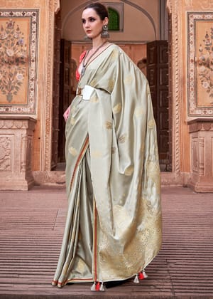 Golden Grey Woven Satin Silk Saree With Contrast Brocade Blouse