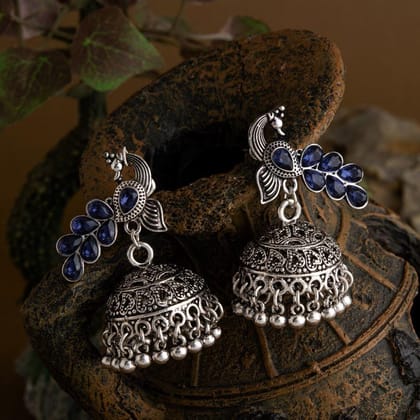 Silver Plated Peacock Design Artwork Stone Studded Fashion Antique Jhumki Earring- AER 1632