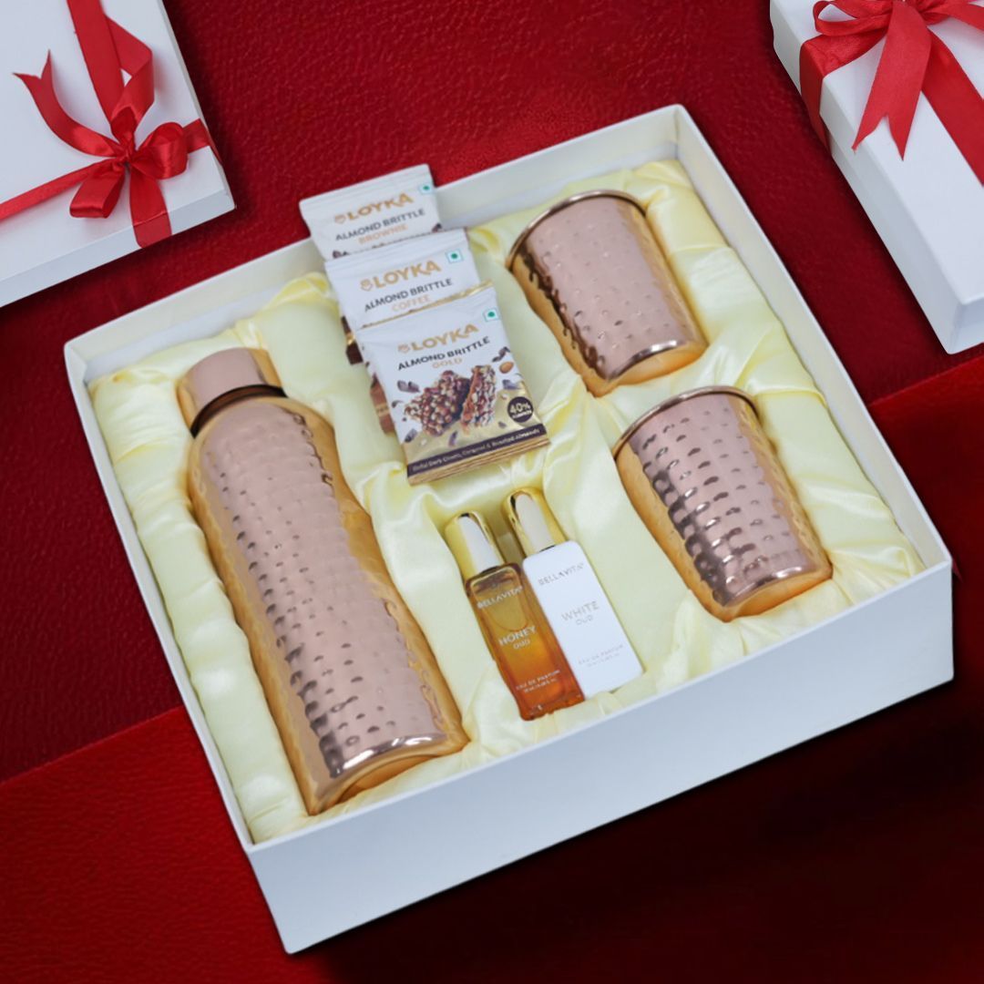 Festive Gift Set : Copper Bottle with Glasses, Perfume & Gourmets