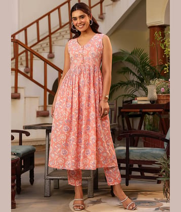 Janasya Cotton Printed Kurti With Pants Women's Stitched Salwar Suit - Coral ( Pack of 1 )