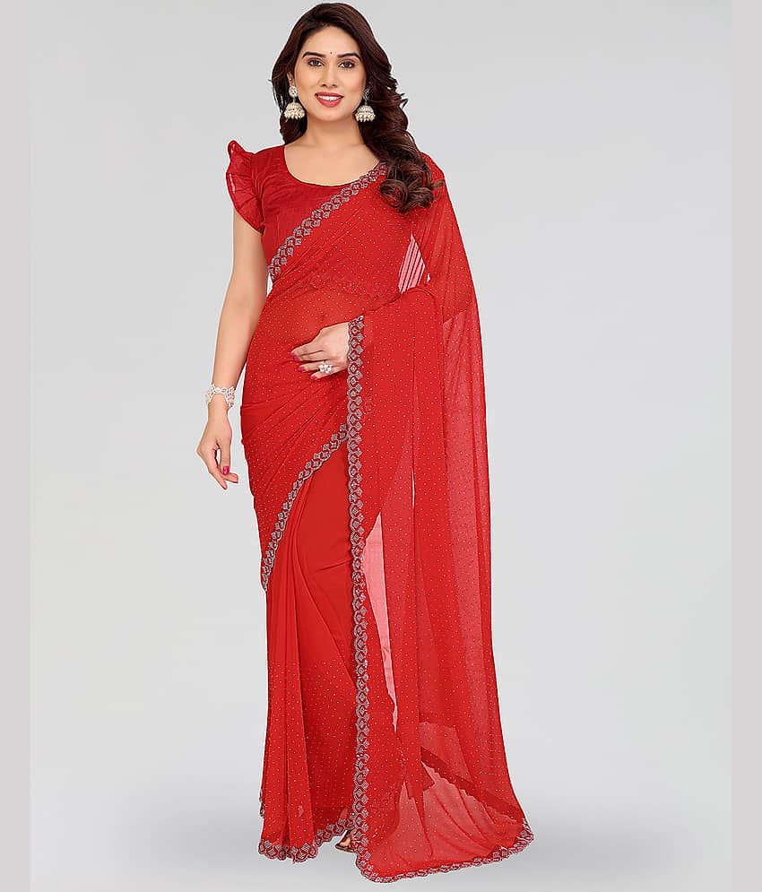 Kashvi Sarees Georgette Self Design Kasavu Saree With Unstitched Blouse Piece ( Red )
