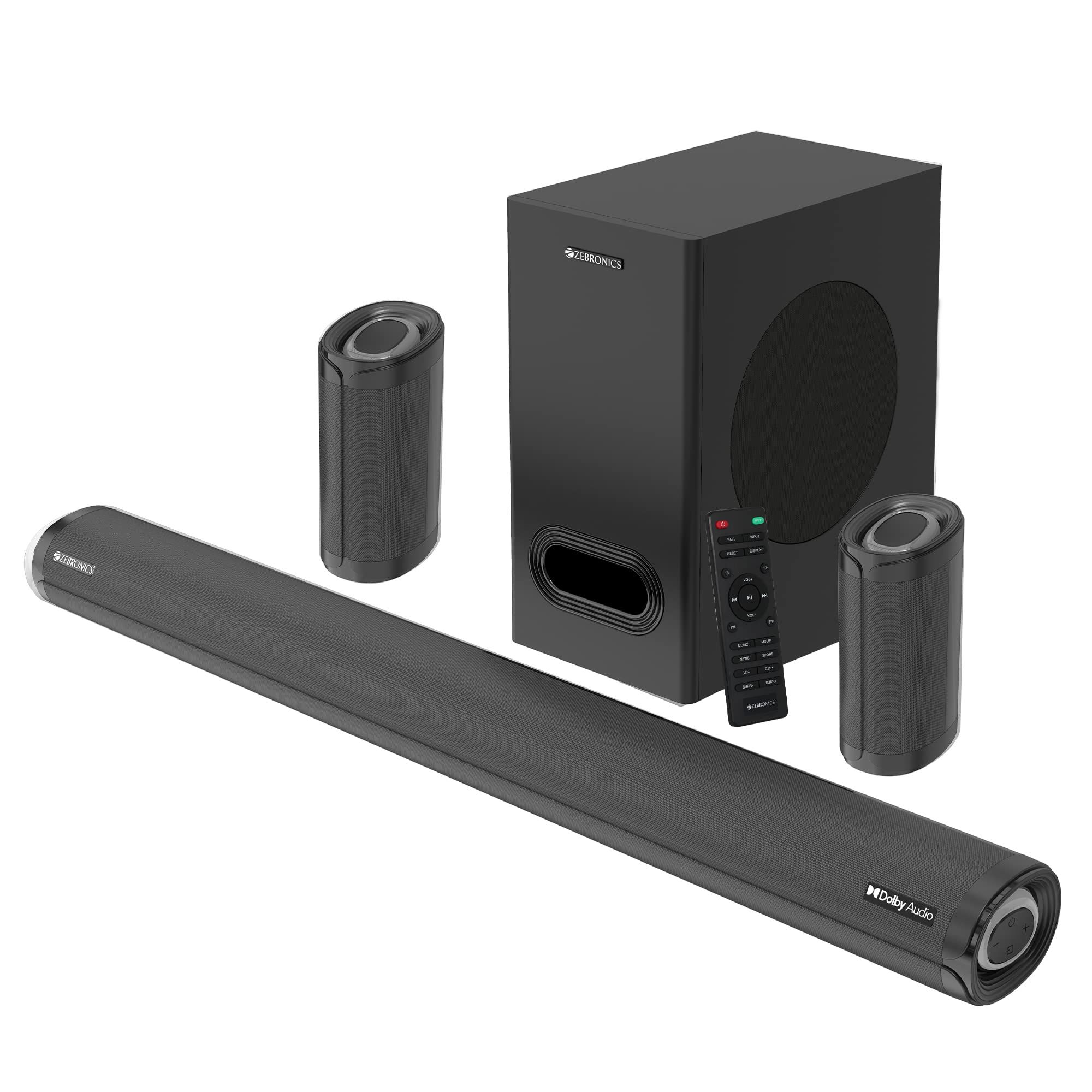 ZEBRONICS Zeb-Juke BAR 9500WS PRO Dolby 5.1 soundbar with Wireless Satellites, Dolby Audio, 525 Watts Output Power, 16.5cm subwoofer, HDMI ARC, Optical, BT v5.0, LED Display, Wall Mount and AUX,Black Black / 525W
