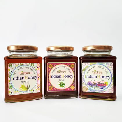IndianHoney Himalayan Multiflora, tulsi, & Rajasthan Acacia Honey Triple Combo Pack (500 * 3)