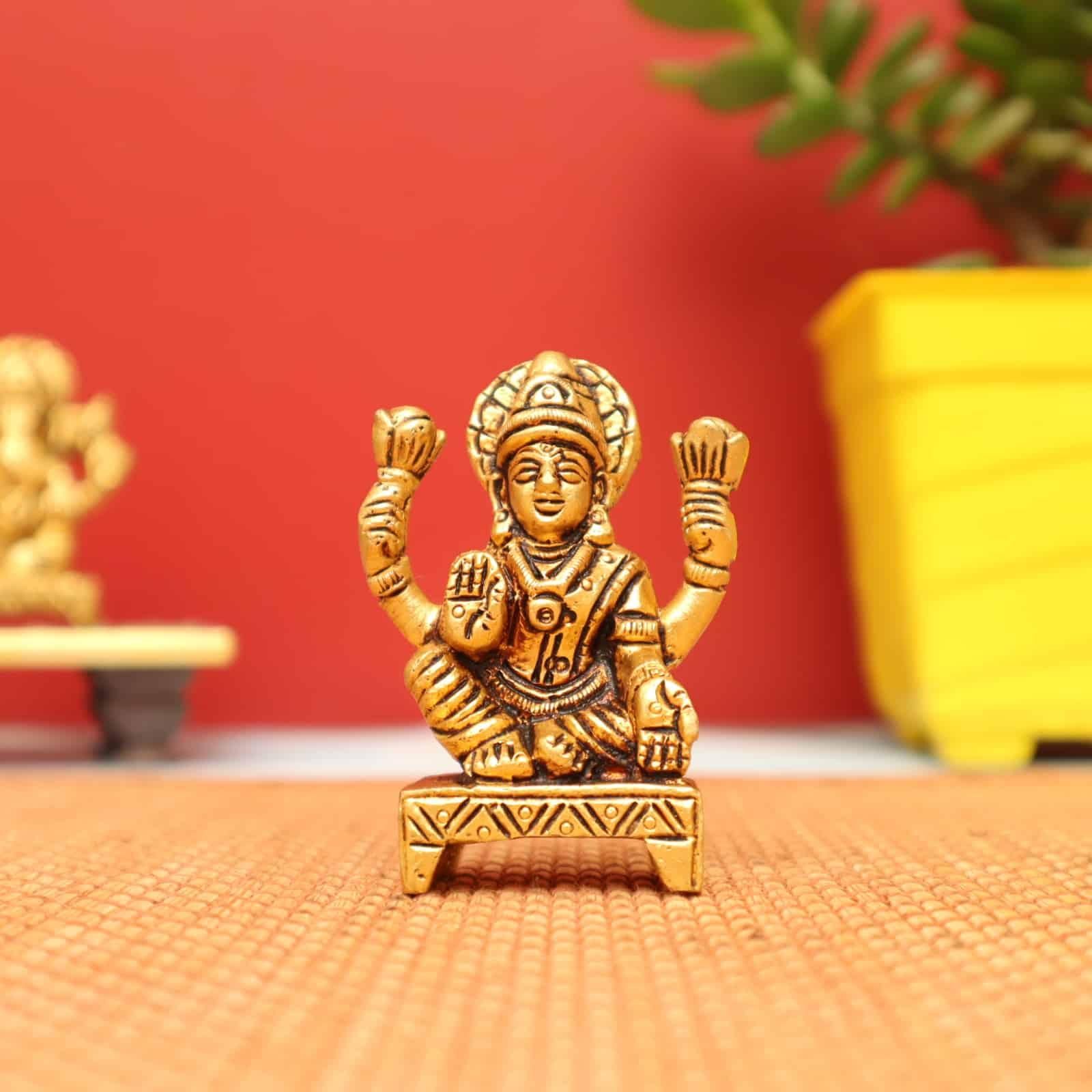 Small Lakshmi Devi Idol sitting on Sinhasan in Brass - 2.7 inch Height
