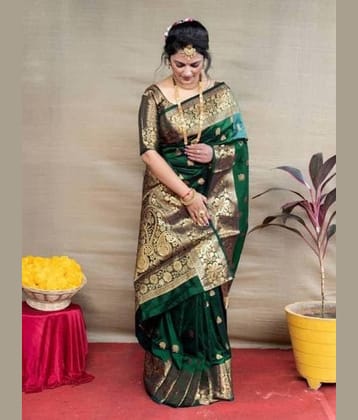 NENCY FASHION Banarasi Silk Woven Saree With Unstitched Blouse Piece ( Green )