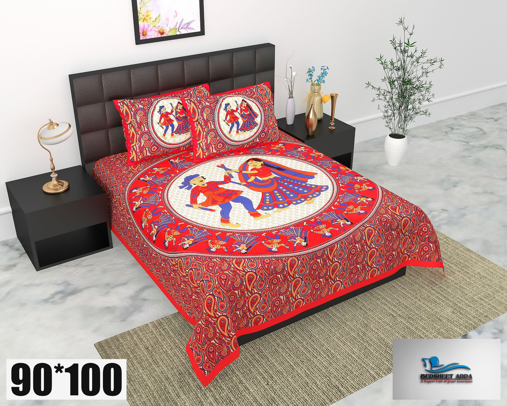 2001-Bedsheet Adda-Pure Cotton Jaipuri Printed Double Bedsheet With 2 Pillow Covers-Dadiya-Red