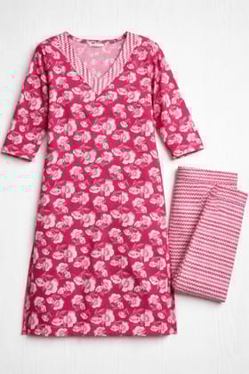 Women Mustard Floral Printed Kurti with Pant | Cotton Blend Ethnic Set | 3/4 Sleeve Daily Wear Kurta Set