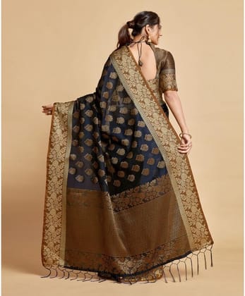Women's Chanderi Cotton Printed Saree with Unstitched Blouse (Navy, 5-6 Mtrs)