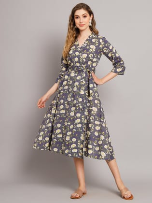 Grey Printed Wrap Dress-S