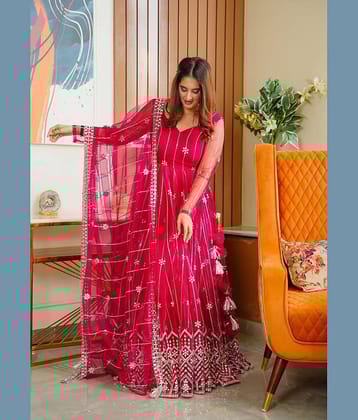 Aika Red Flared Net Women's Semi Stitched Ethnic Gown ( Pack of 1 )