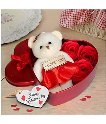 NIHIT Red Heart Valentines day Tin Gifts BOX (3 Pieces Roses 1 Small Bear)