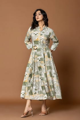 Belted Envy Green Print Story-GREEN / L