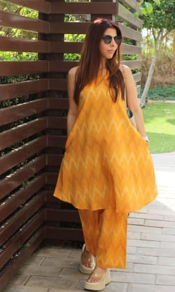 Cotton Handloom Ikat Sunny Yellow Sleeveless Coord Set-L