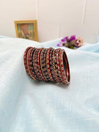 Brick Red and Jamoon Glass & Stone Premium Bangle Set 5072-2.2 / Both Hands (you will get 2 sets)