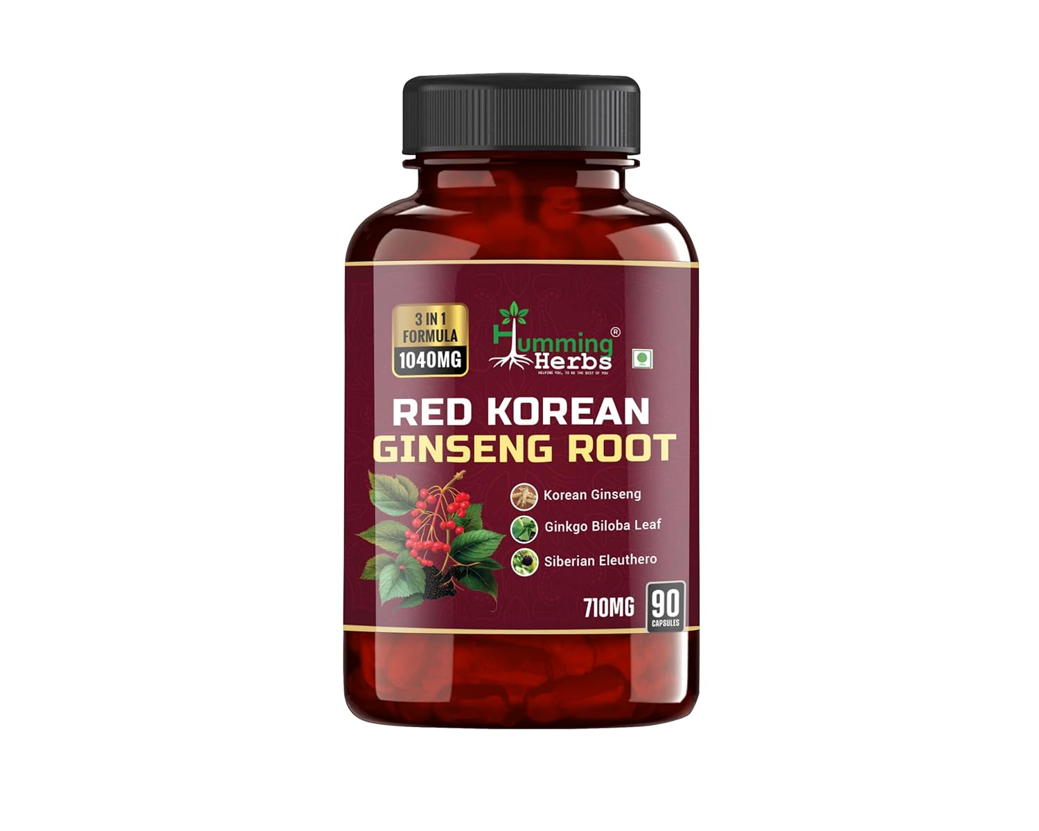Humming Herbs Red Korean Ginseng with Ginkgo Biloba Leaf, Siberian Ginseng, Supports Energy, Concentration, Immune system and Improves Mental Clarity Bio-available Supplement, 90 Capsules