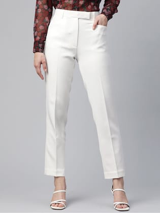 Regular Fit Mid Waist Stretch trouser- White-XS
