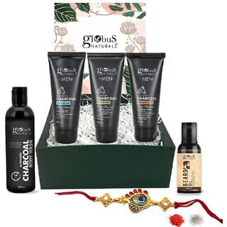 Globus Naturals Charcoal Men Rakhi Gift Box Set of 5 - An Assorted Gift for your Brother - Beard Oil, Face Wash, Face Scrub, Peel Off Mask Body Wash