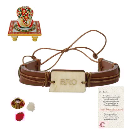 Designer Leather Bracelet BRO Rakhi with Lord Ganesha on Kundan Studded Marble Chowki and Roli Tikka Matki, Best Wishes Greeting Card