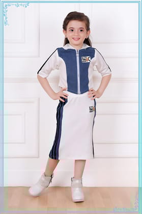 Girl's Denim Hoodie Co-Ord Set [GCS-2534] (4-12Years)-5-6Y (Size - 26) / Denim / White