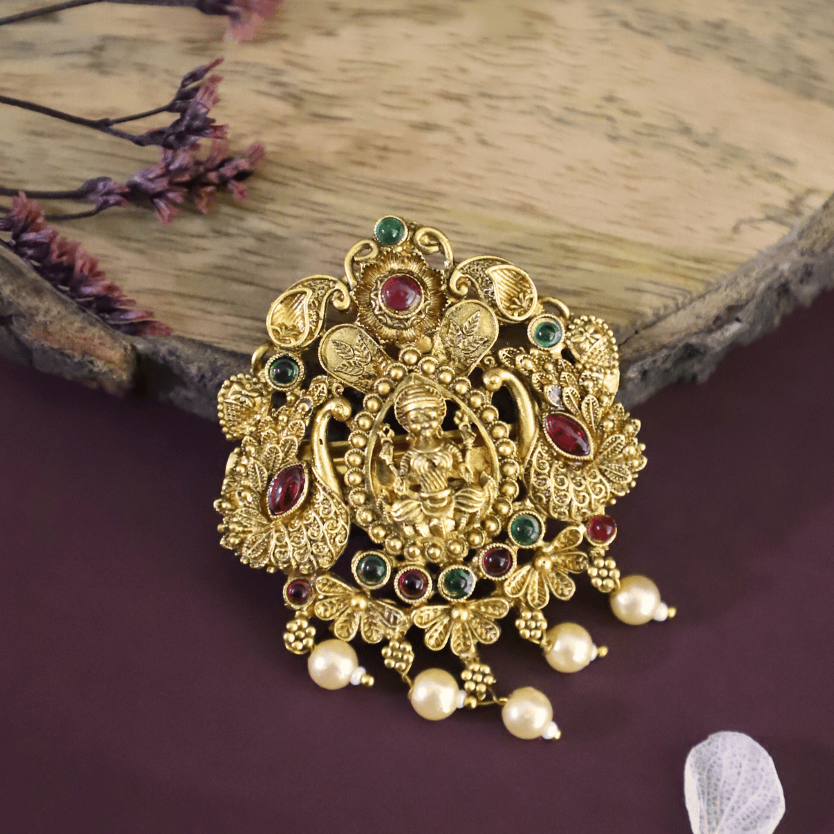 Traditional Temple Design Gold-Plated Hair Barrette Clip with Goddess Laxmi and Peacock Motif and Pearl Accents