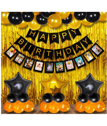 Jolly Party  Happy Birthday Decoration Kit Combo Foil Curtain 48pcs Set - 1pc black happy birthday banner, 2pcs golden foil curtain, 3pcs star foil balloons, 1pc photo banner, 40pcs golden black metallic balloons and 1pc glue dot .